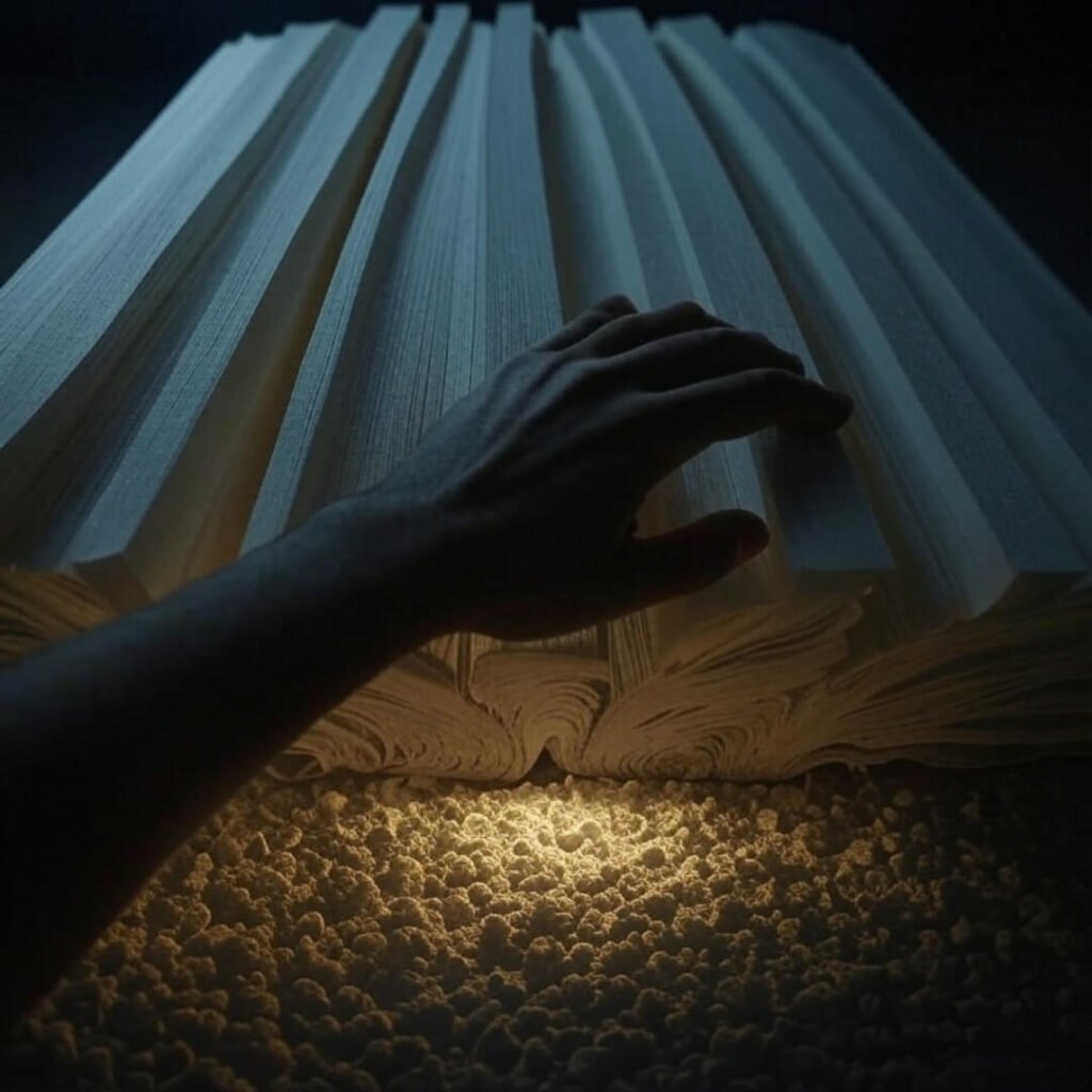 Overhead view of foam layers open like a book, hand poking in, dimly lit.