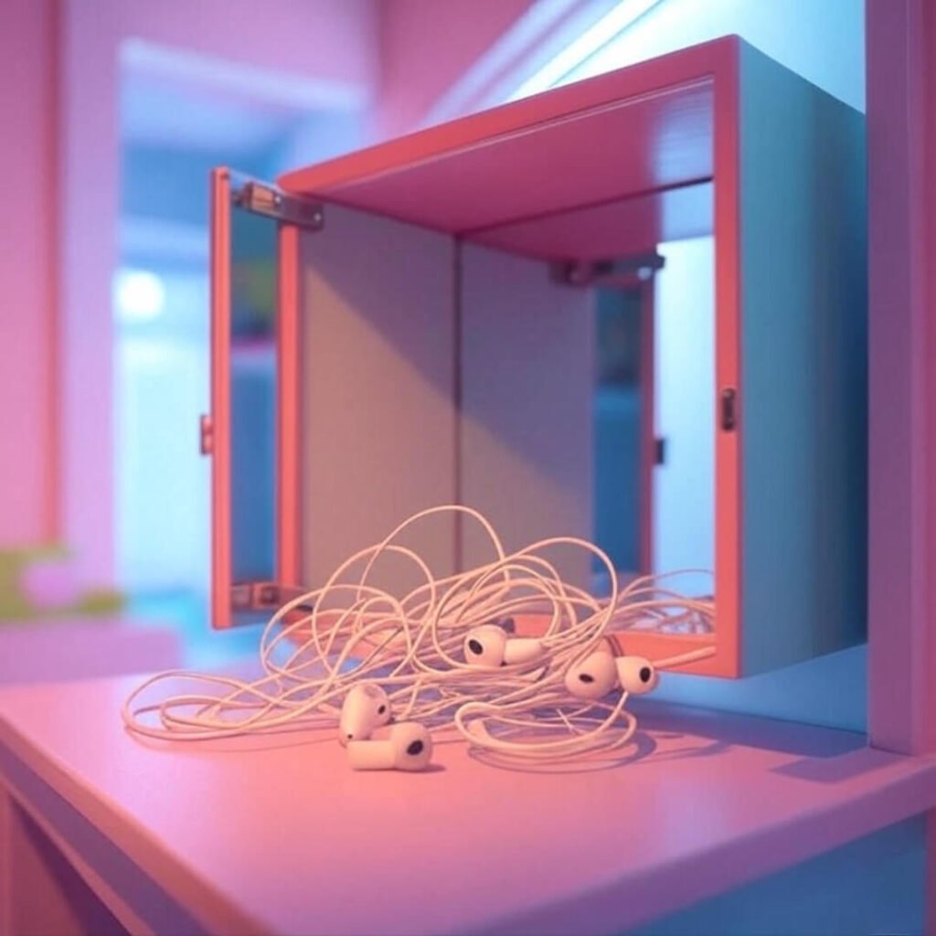Chaotic close-up of bathroom mirror storage with earbuds spilling, in vivid blues and zesty oranges.