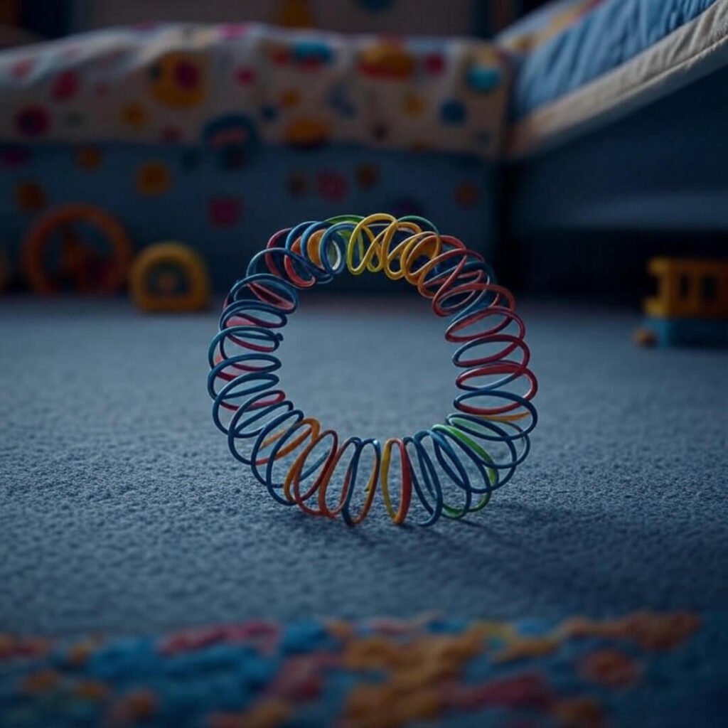 A colorful spring toy in a circular shape on a carpeted floor.