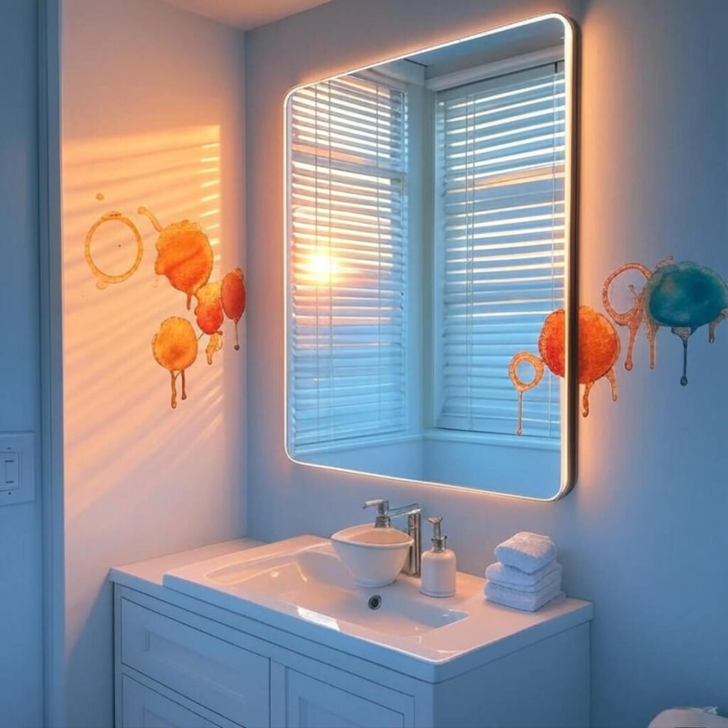 Sunlit LED bathroom mirror with storage, quirky coffee stains in bright yellows and crimsons.