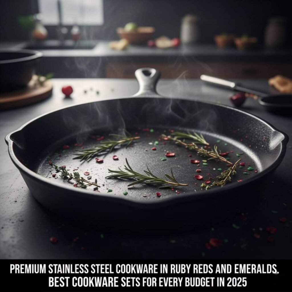 Gleaming cast iron pan with herbs, shot from a low angle.