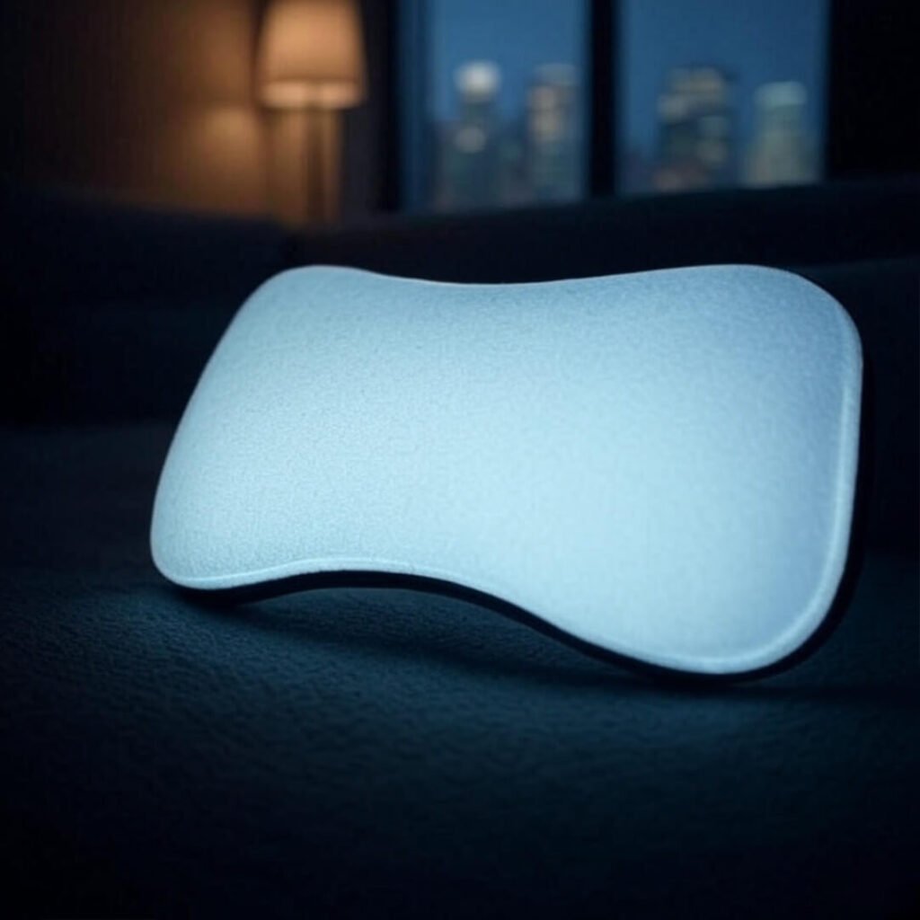 Tilted close-up of glowing lumbar pad in dim NYC room, secret weapon vibe.