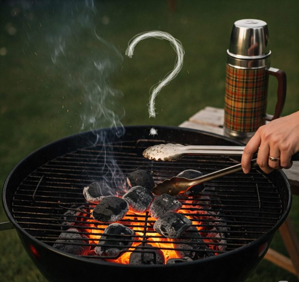 70s grill: nervous tongs, smoky question mark, retro thermos.