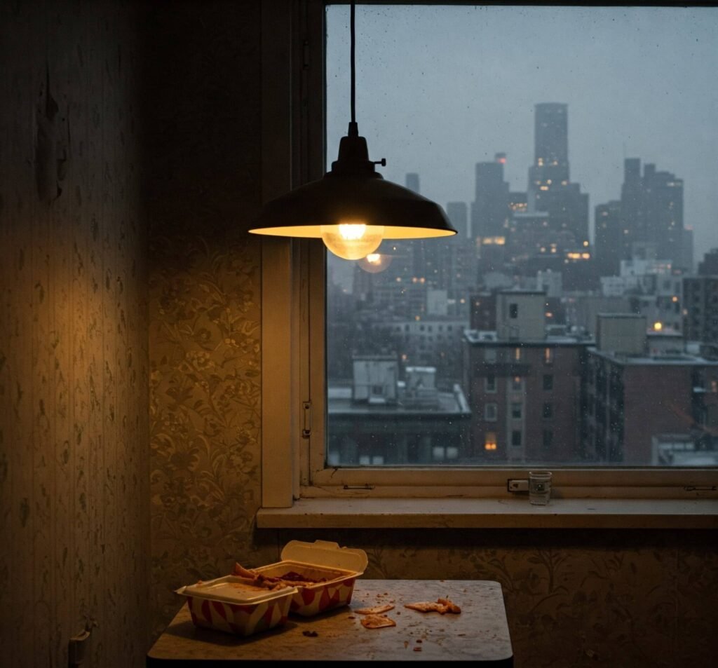 Swinging pendant light, takeout, foggy city view.