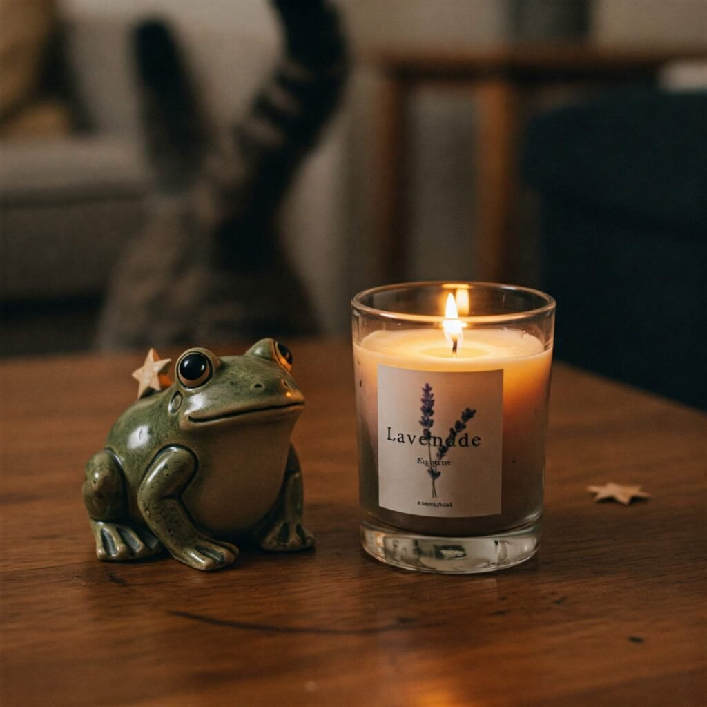 Ceramic frog, lavender candle, blurry cat tail on coffee table.