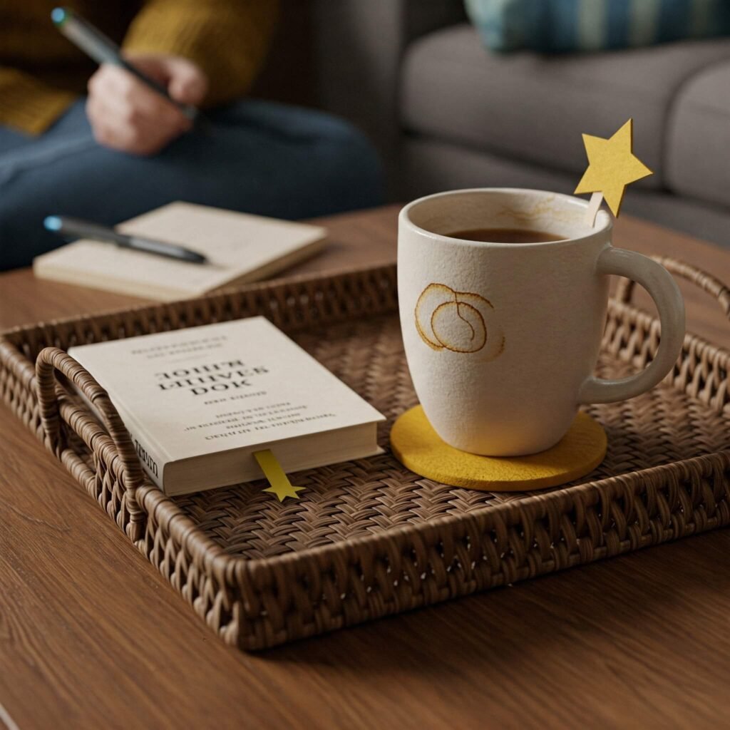 Woven tray with mug, book, coaster