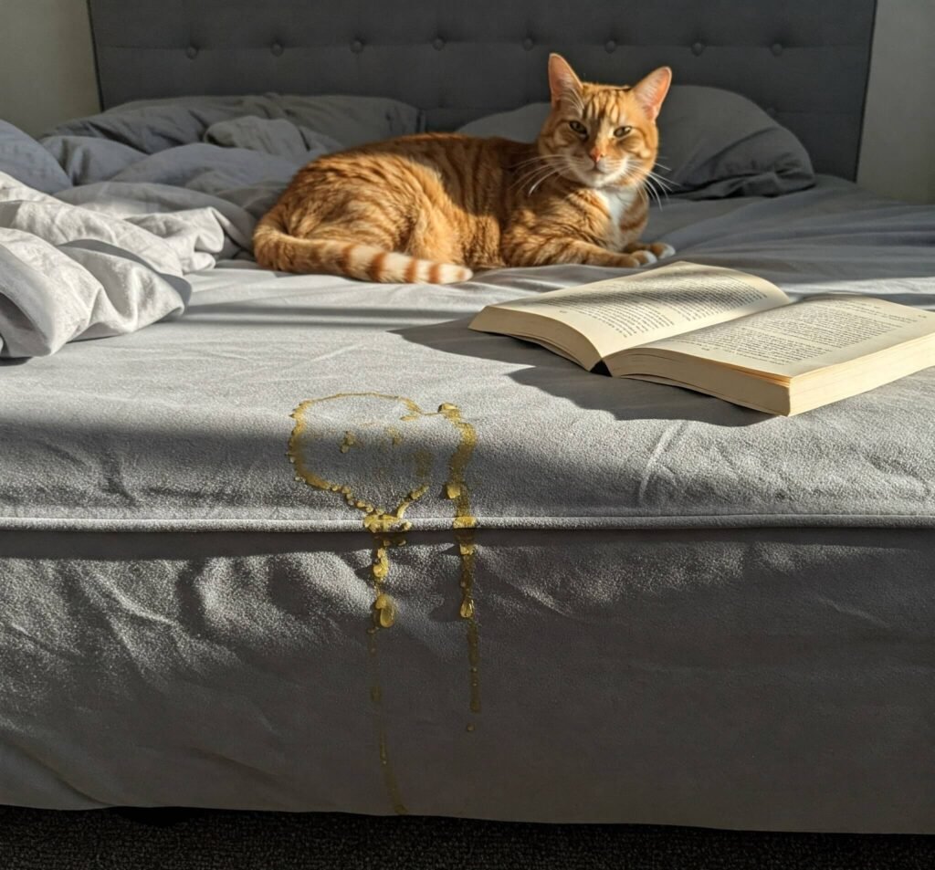 Kombucha Stain, Cat, and Open Book on Bed