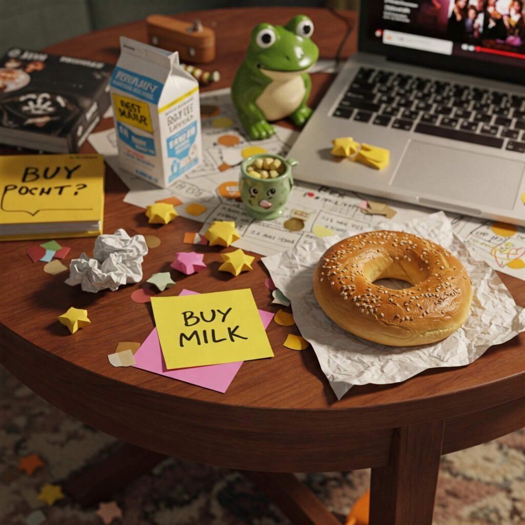 Messy coffee table with bagel, frog, note