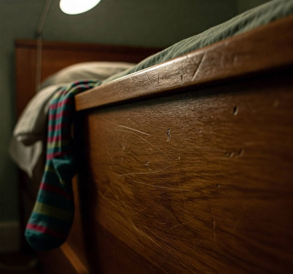 Scratched Bed Frame with Dangling Sock
