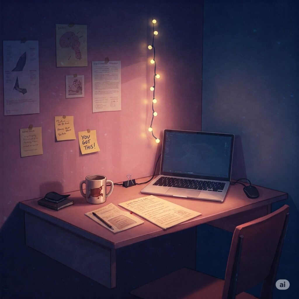 Cluttered desk with laptop, mug, and "You got this!" note.