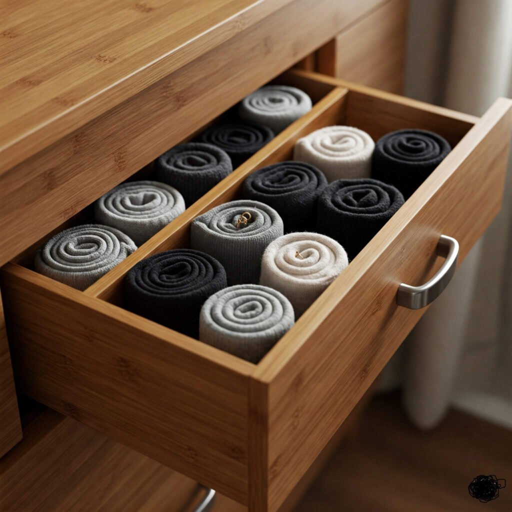 Bamboo sock organizer with rolled socks and earring.