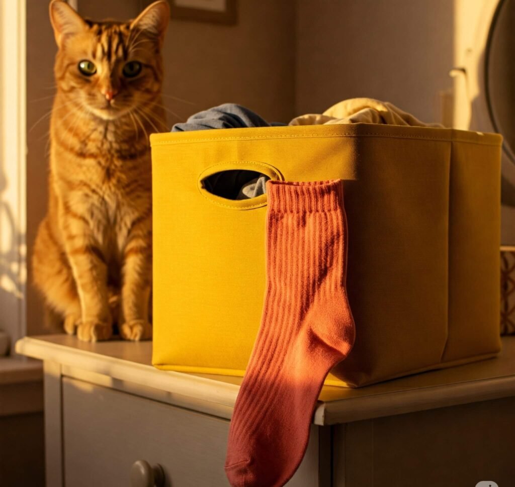 Cat watching sock dangling from yellow bin.