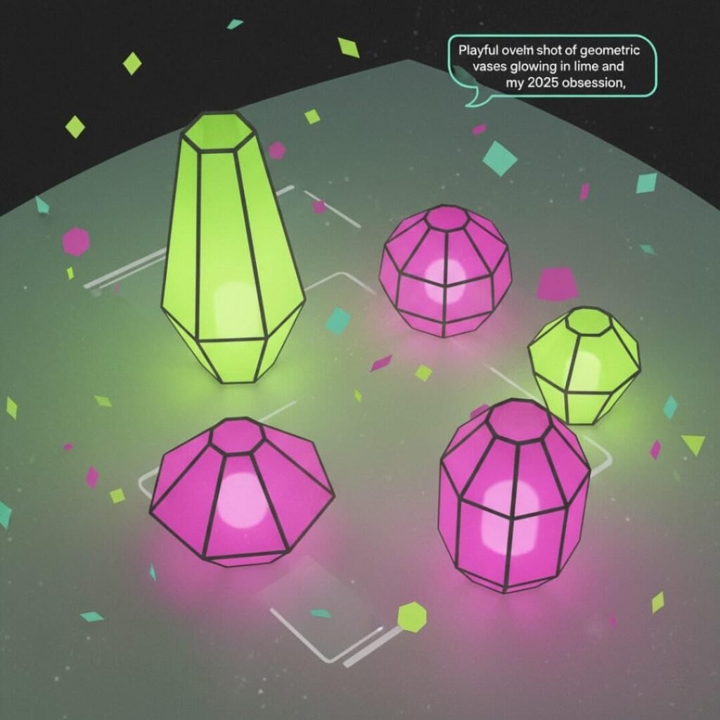 Playful overhead shot of geometric vases glowing in lime and magenta, my 2025 obsession.
