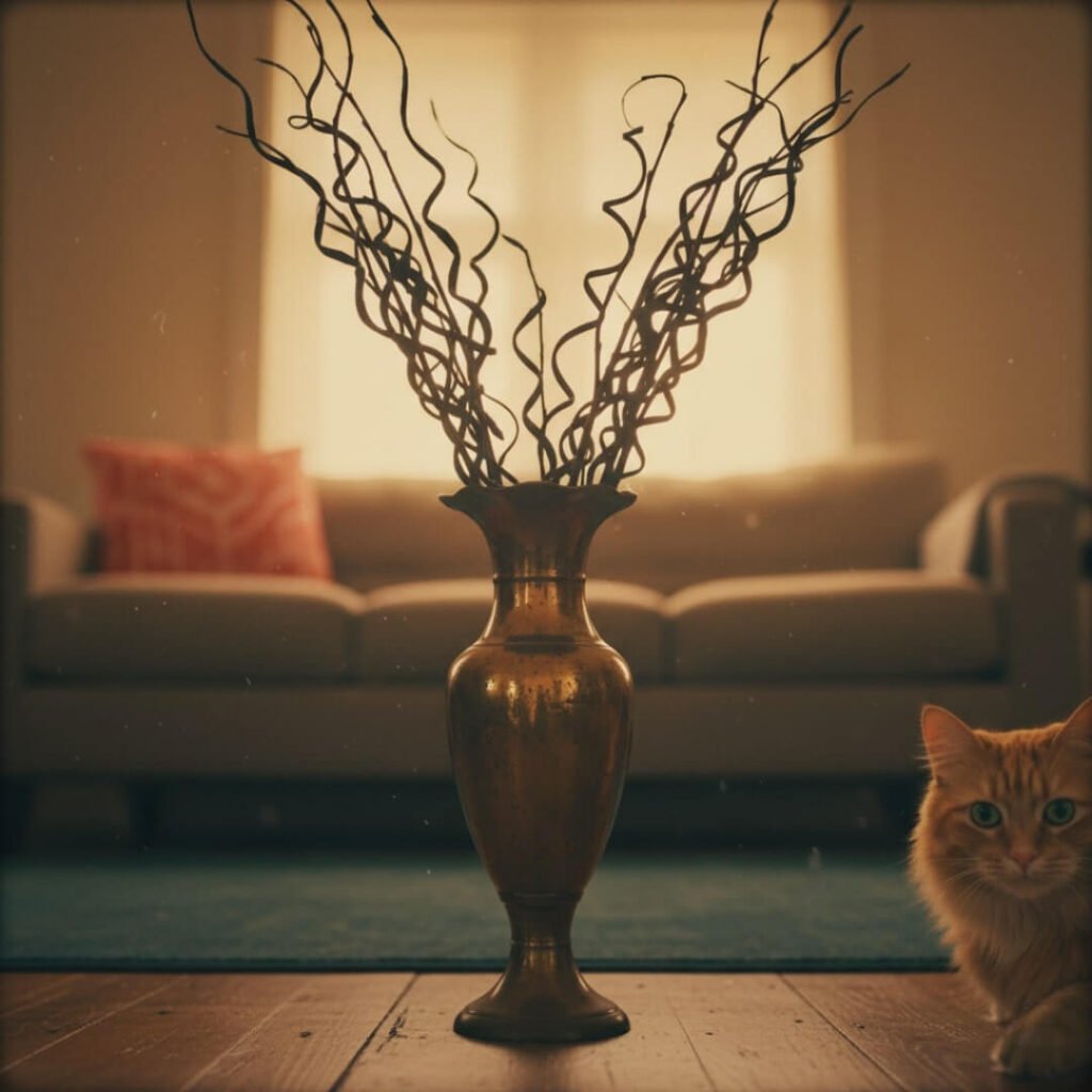 Vintage-inspired shot: Thrifted brass vase with spiky branches, cat peeking, low angle.