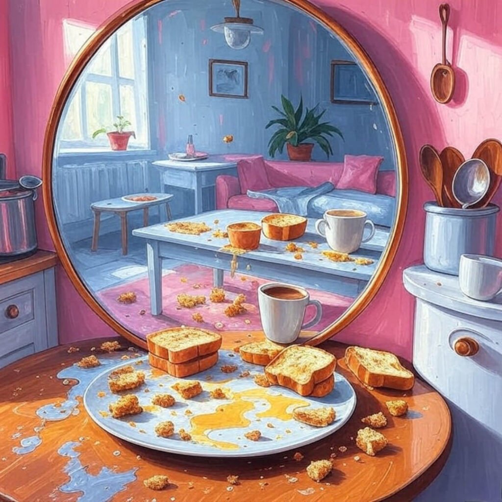 Wonky mirror reflects messy coffee table with crumbs, spilled mug, vibrant pinks and greens.