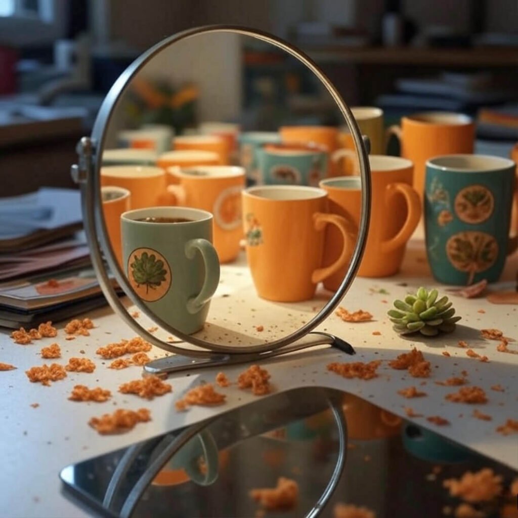 Blurry mirror on messy desk reflects mugs, half-dead succulent, humorous vibe.