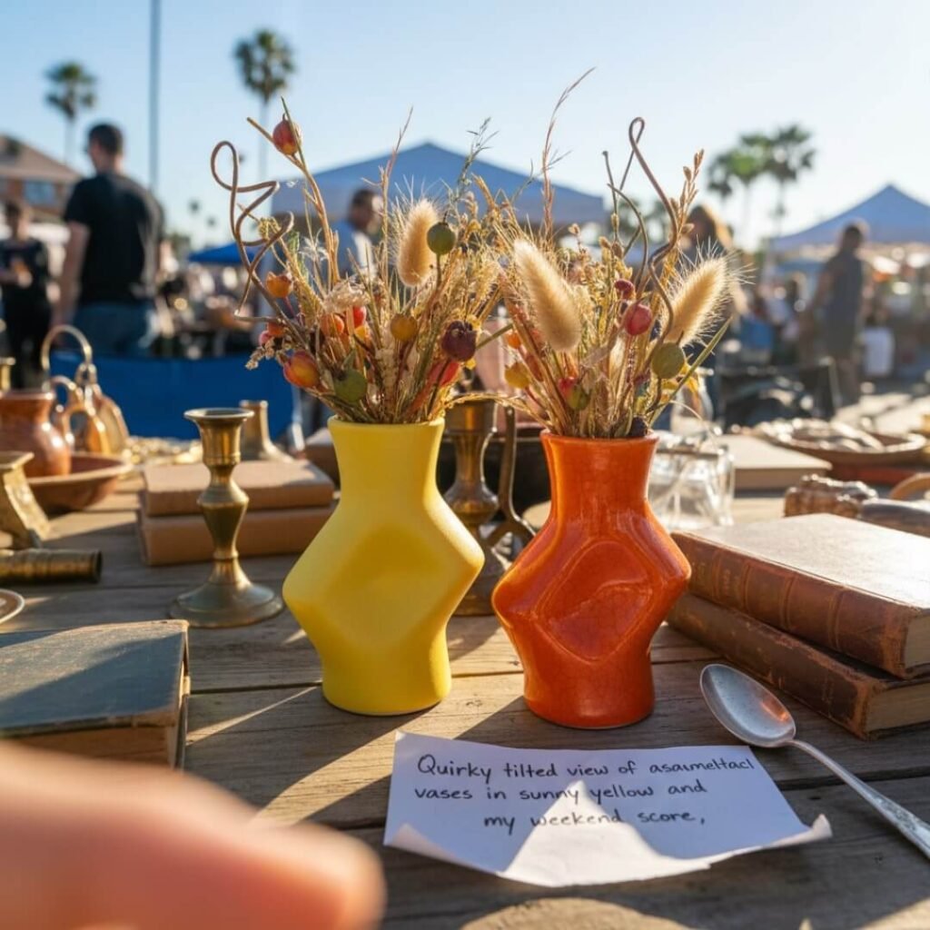 Quirky tilted view of asymmetrical vases in sunny yellow and fiery orange, my weekend score.