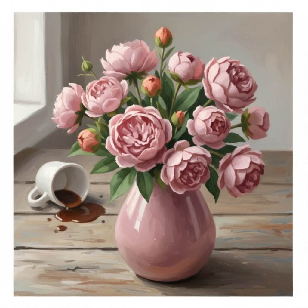 Impressionistic digital painting: Lumpy teardrop vase with fake peonies, spilled coffee cup.