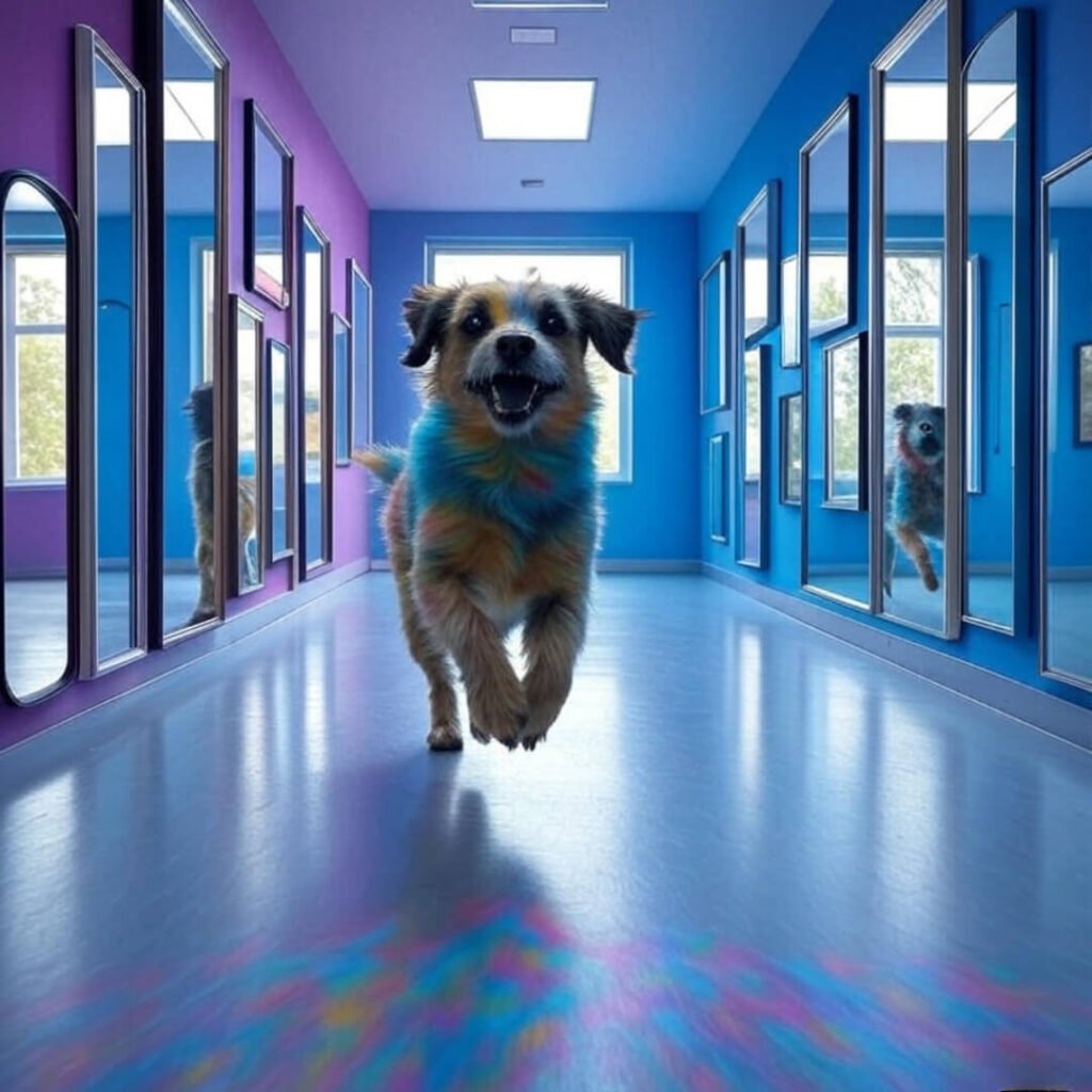 Dog zooms in warped, colorful blur through mirrored hallway, purple and blue tones.