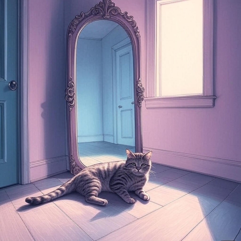 Vintage sketch of mirror reflecting light, tabby cat sprawled, bittersweet vibe.
