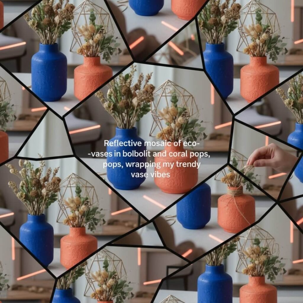 Reflective mosaic of eco-vases in bold cobalt and coral pops, wrapping my trendy vase vibes.