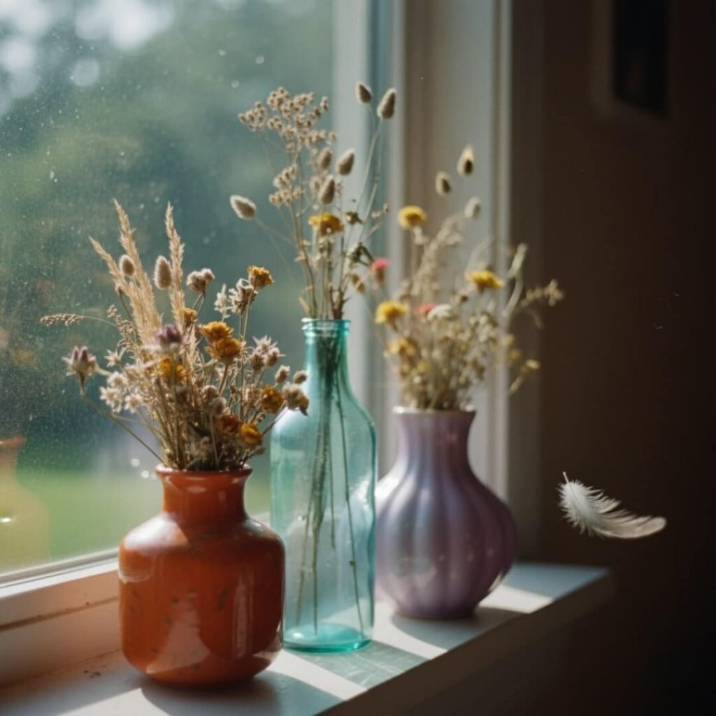 Three random thrift store vases on a sunny windowsill, stray feather, hazy style.