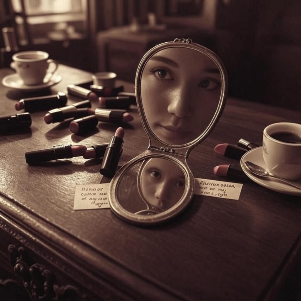 Tiny mirror reflects eyes amid scattered lipsticks and coffee cups, sepia with coral.