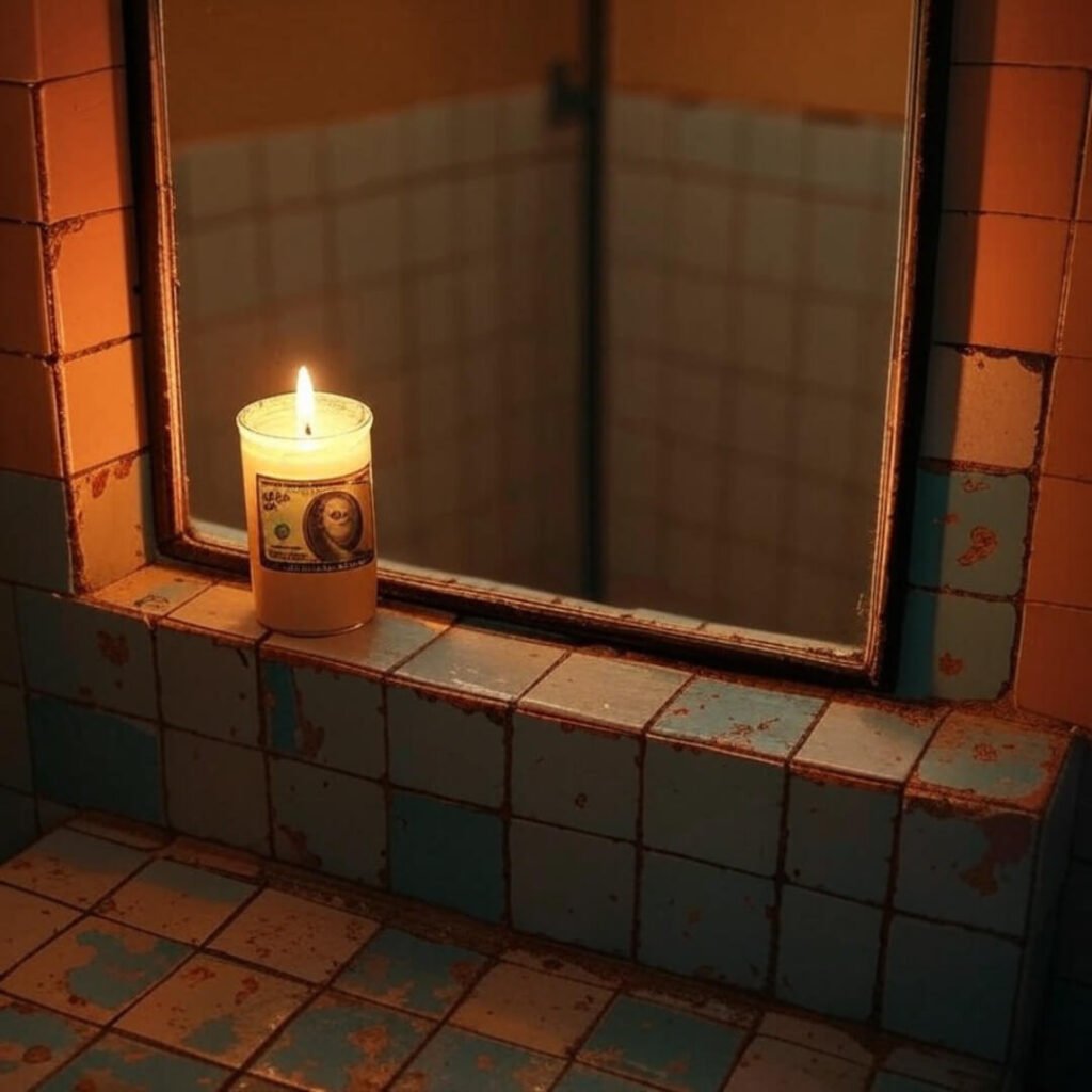 Bathroom mirror with chipped tiles, flickering candle, coral-yellow tones.