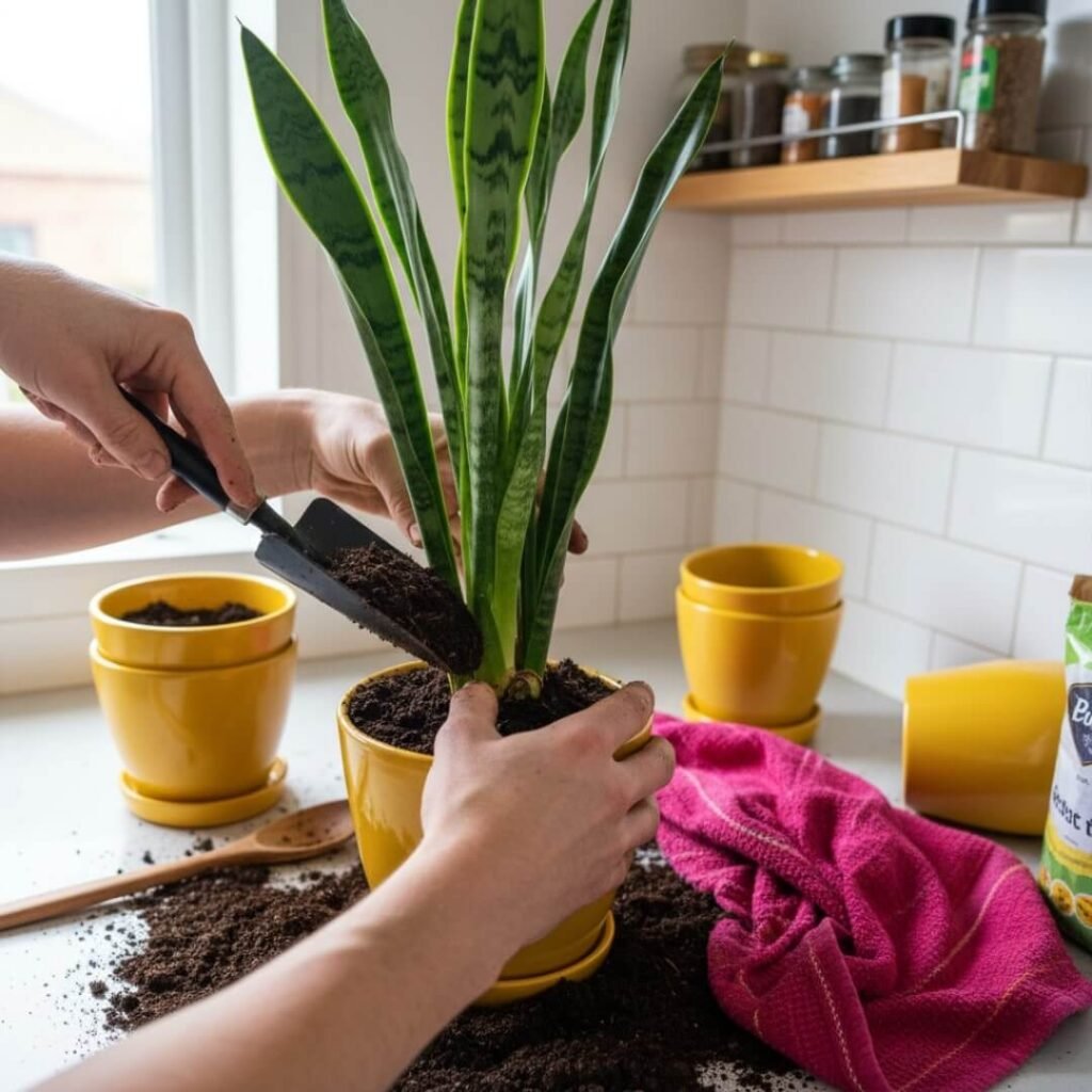 Hands repotting a snake plant in a kitchen, with mustard yellow pots and a magenta towel.