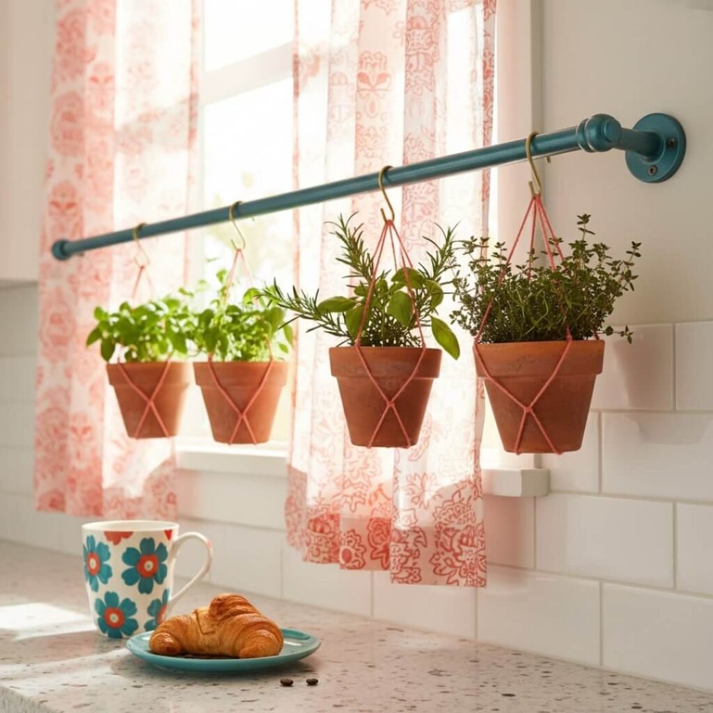 "Sunlit kitchen curtain rod with potted herbs, vibrant and inviting."