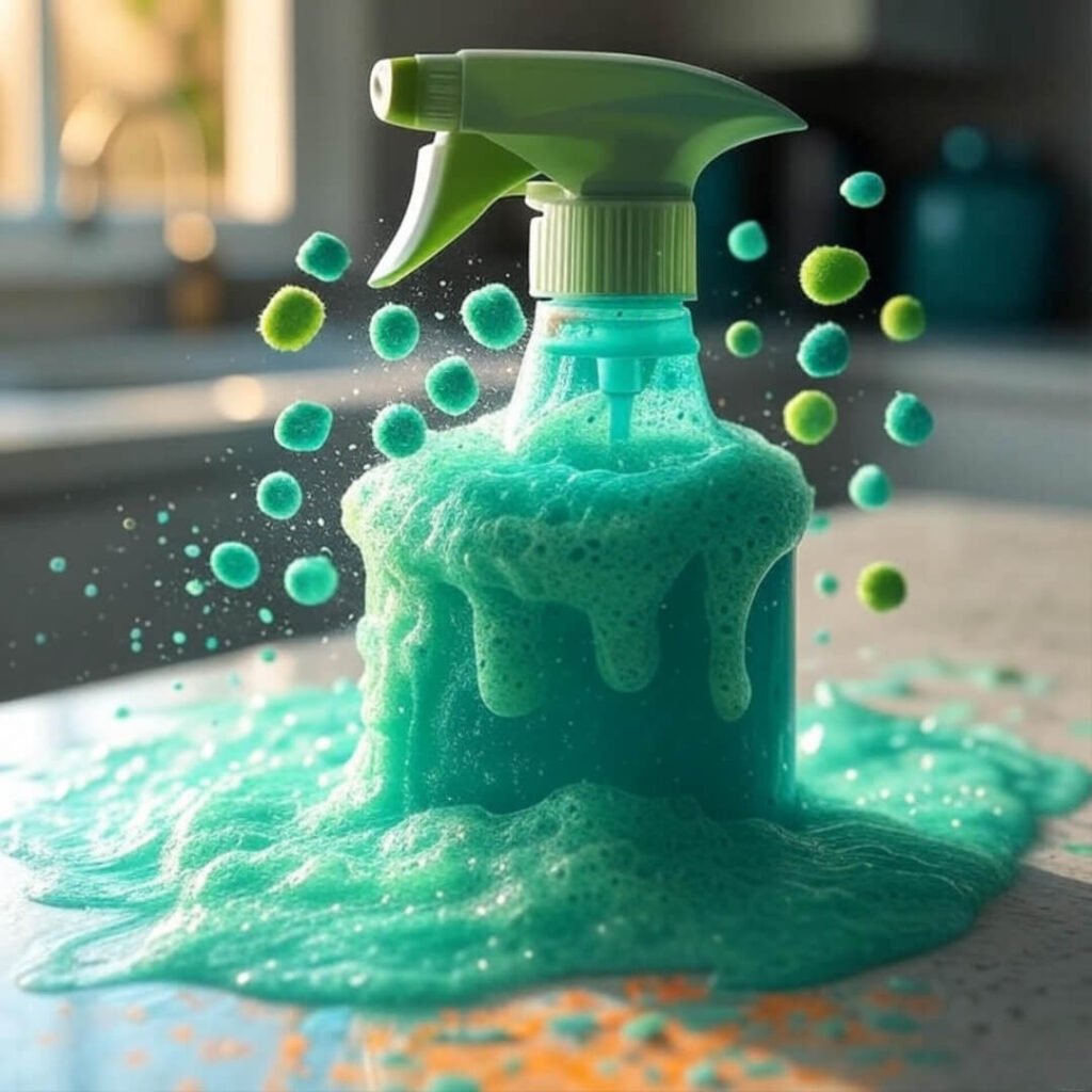 Eco-friendly spray bottle unleashes lime-green foam, dancing sponges, bold pop-art vibe.