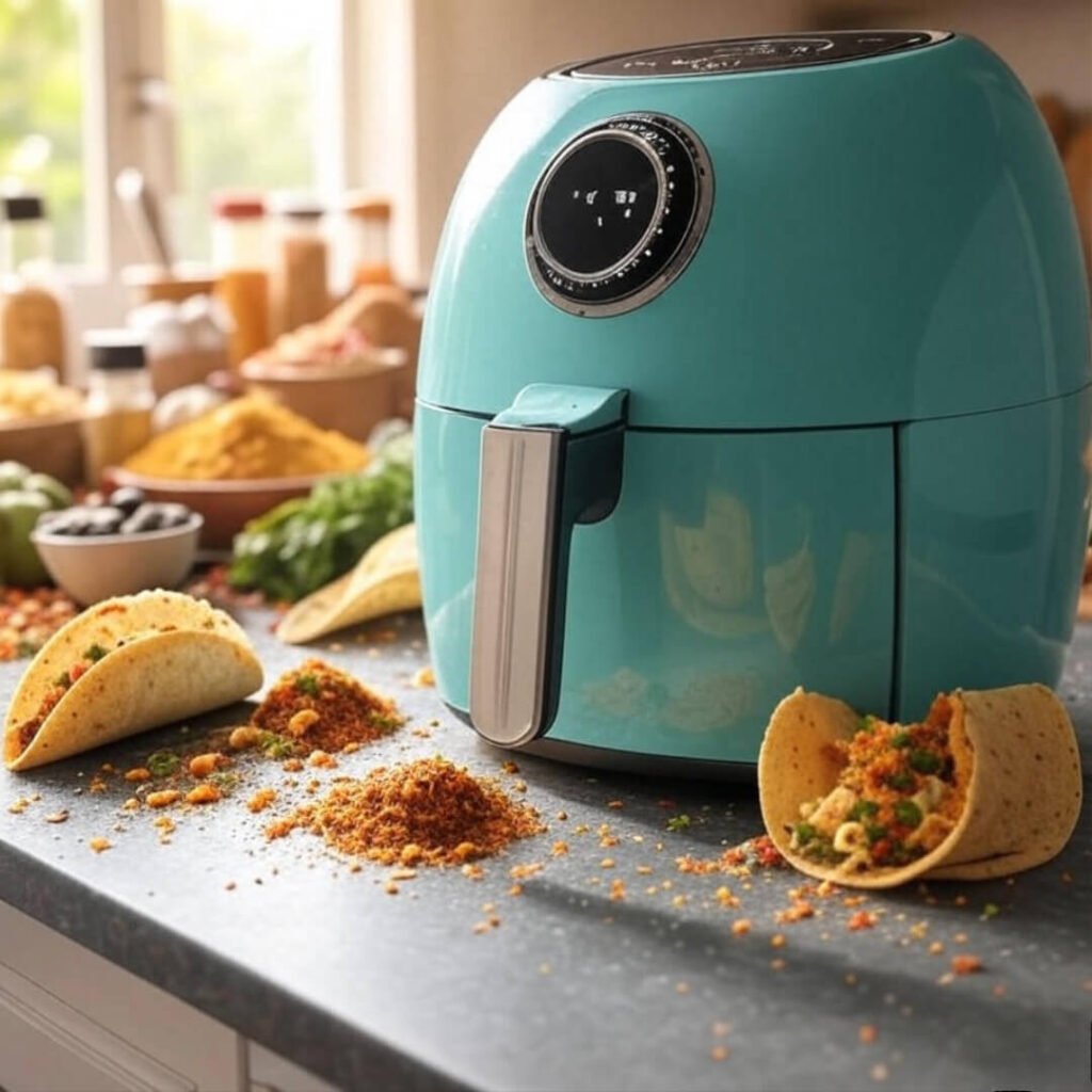 Vibrant teal air fryer on cluttered counter with spices and half-eaten taco.