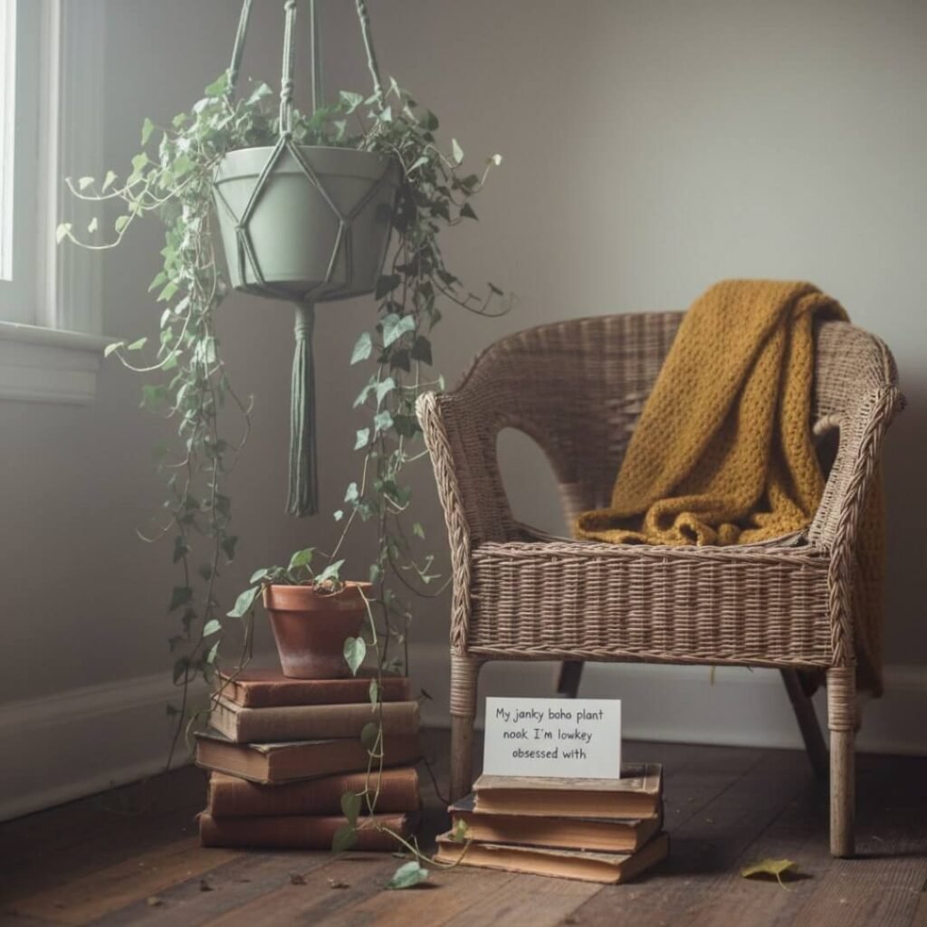 Cozy boho plant nook with a wicker chair, ivy, and old books.