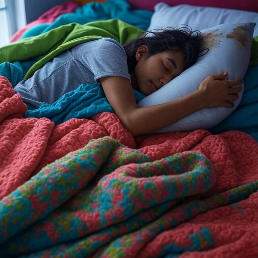 Impressionistic painting of person hugging coffee-stained pillow amid colorful, chaotic blankets.