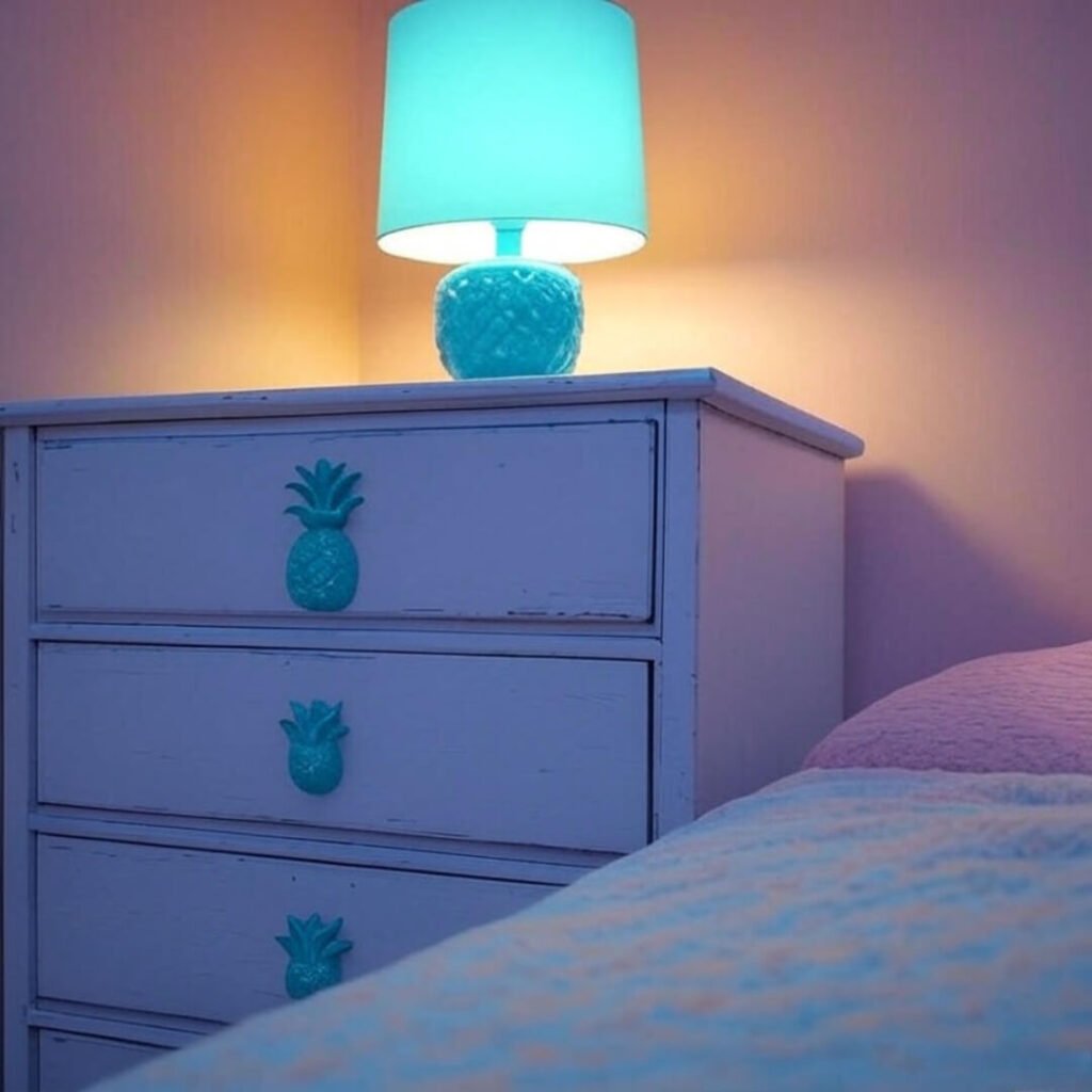 A nightstand with pineapple handles and a glowing turquoise lamp.