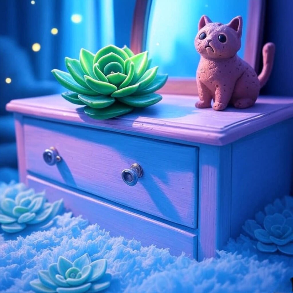Messy dresser with wonky mirror, sad succulent, clay cat, glowing fireflies.