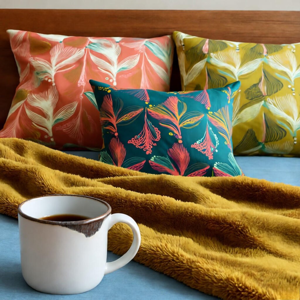 TJ Maxx haul on bed with colorful pillows, mustard throw, chipped mug.