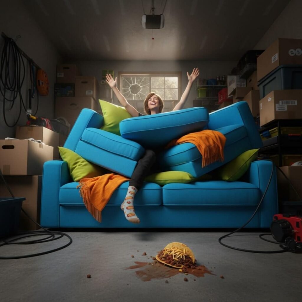 Person tangled in IKEA sofas in a cluttered garage, a spilled taco on the floor.