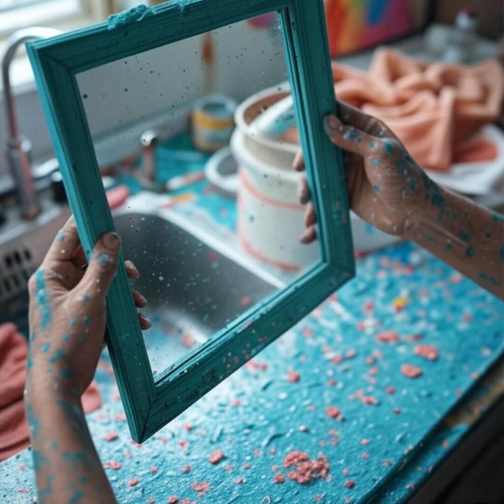 Paint-splattered hands hold teal mirror frame, messy sink, coral towels in background.