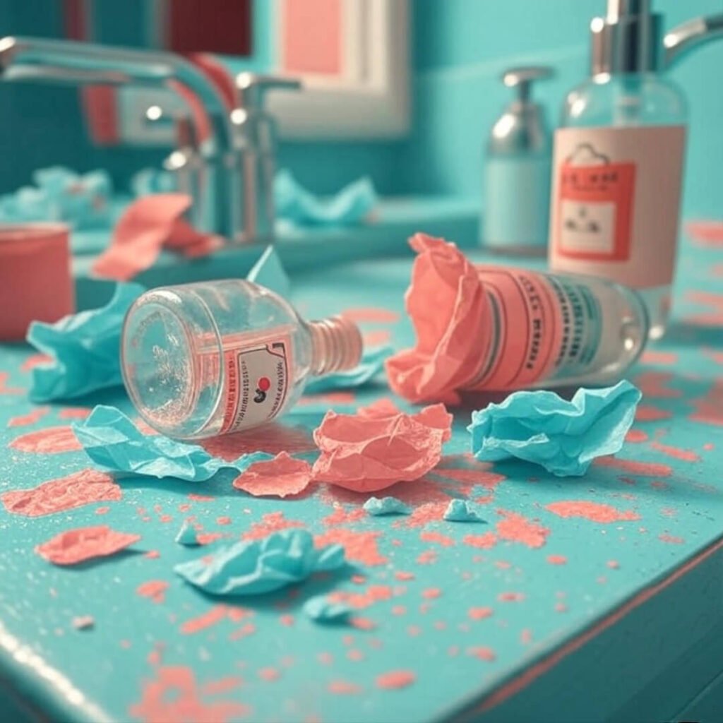Messy bathroom counter with spilled alcohol, wrappers, cracked level, teal-coral tones, cartoon bubbles.