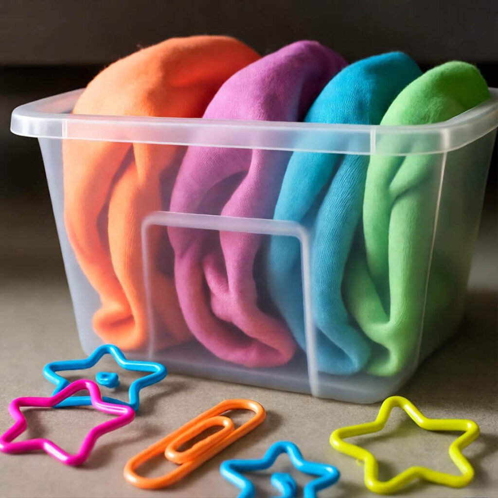Low-angle view of bin with colorful hoodies, scattered neon star clips.