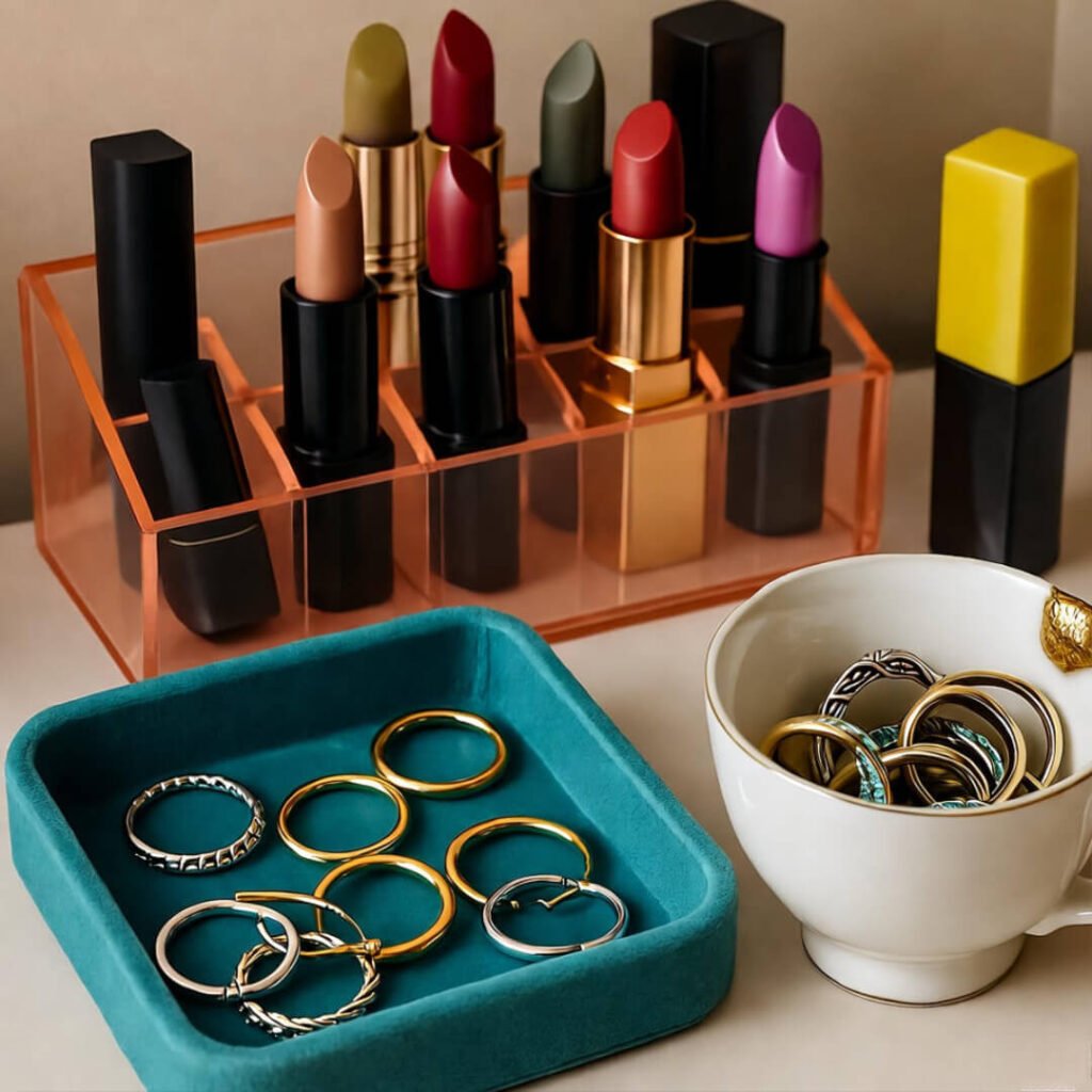 Messy vanity with coral organizer, teal tray, chipped teacup, spilling rings.