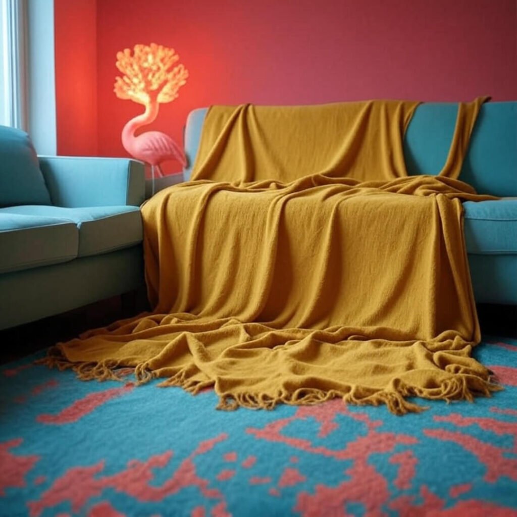Bright living room with mustard blanket, teal couch, glowing flamingo lamp, colorful vibe.