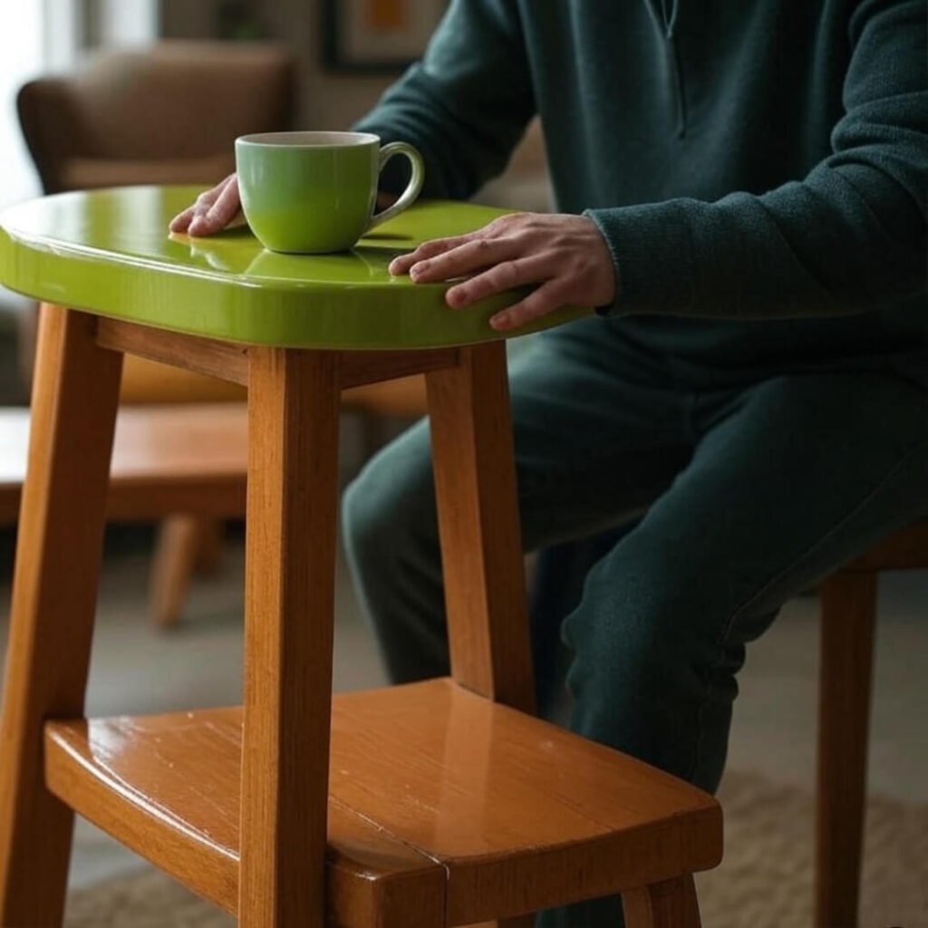 Over-shoulder view, fumbling with reclaimed stool, coffee mug reflection, sienna and lime green.