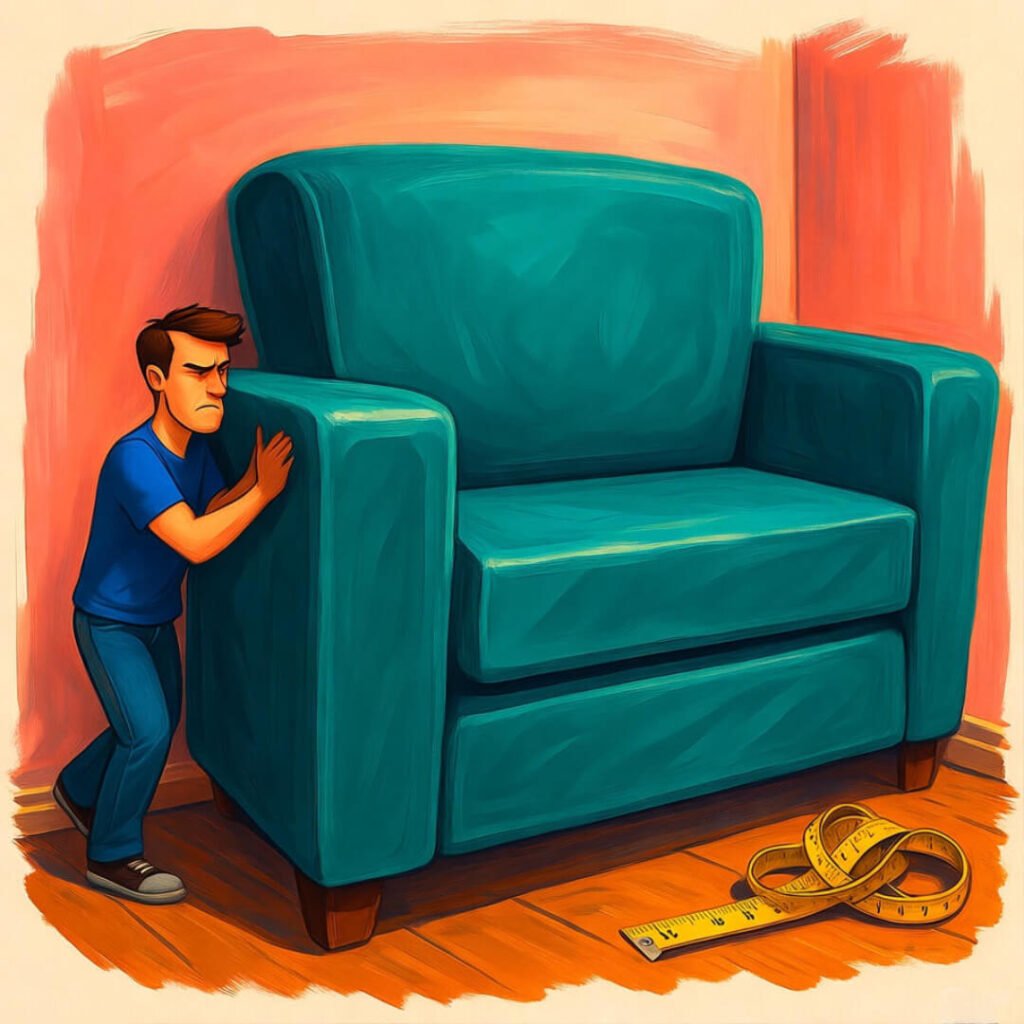 Annoyed guy squeezes past massive sofa in tiny room, knotted tape on floor.