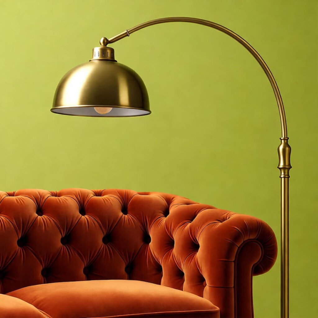Tilted brass lamp over orange velvet sofa, viewed from low angle, vibrant orange and lime.