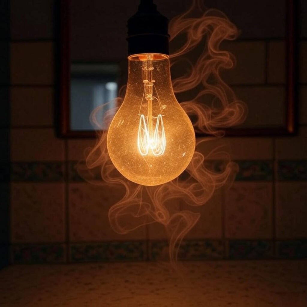 Flickering bulb with curling steam in bathroom, mustard yellow and coral glow.