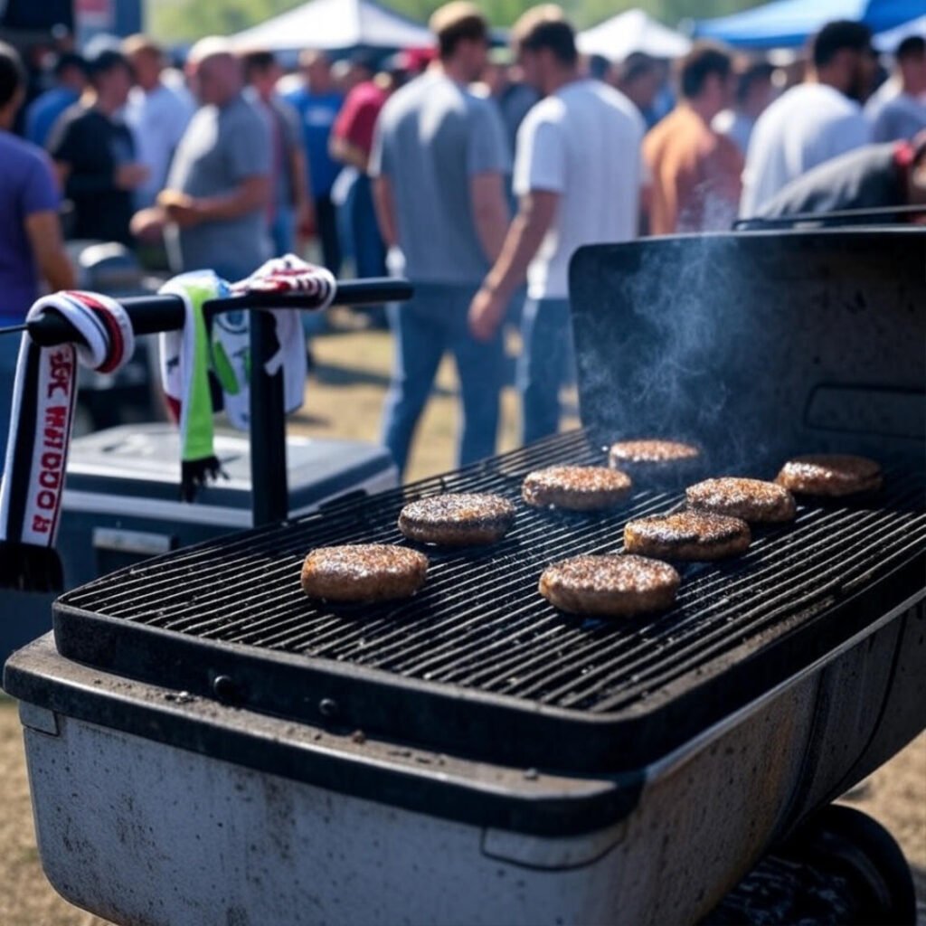 Smoking grill with sizzling burgers, chaotic scarf, cooler, blurry cheering crowd.
