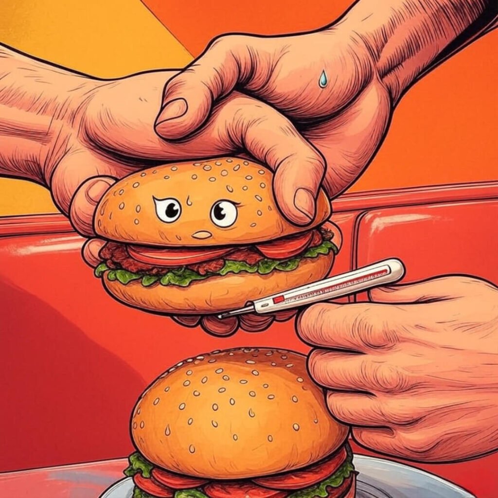 Nervous hands checking burger with thermometer, comic style, mustard yellow, orange.