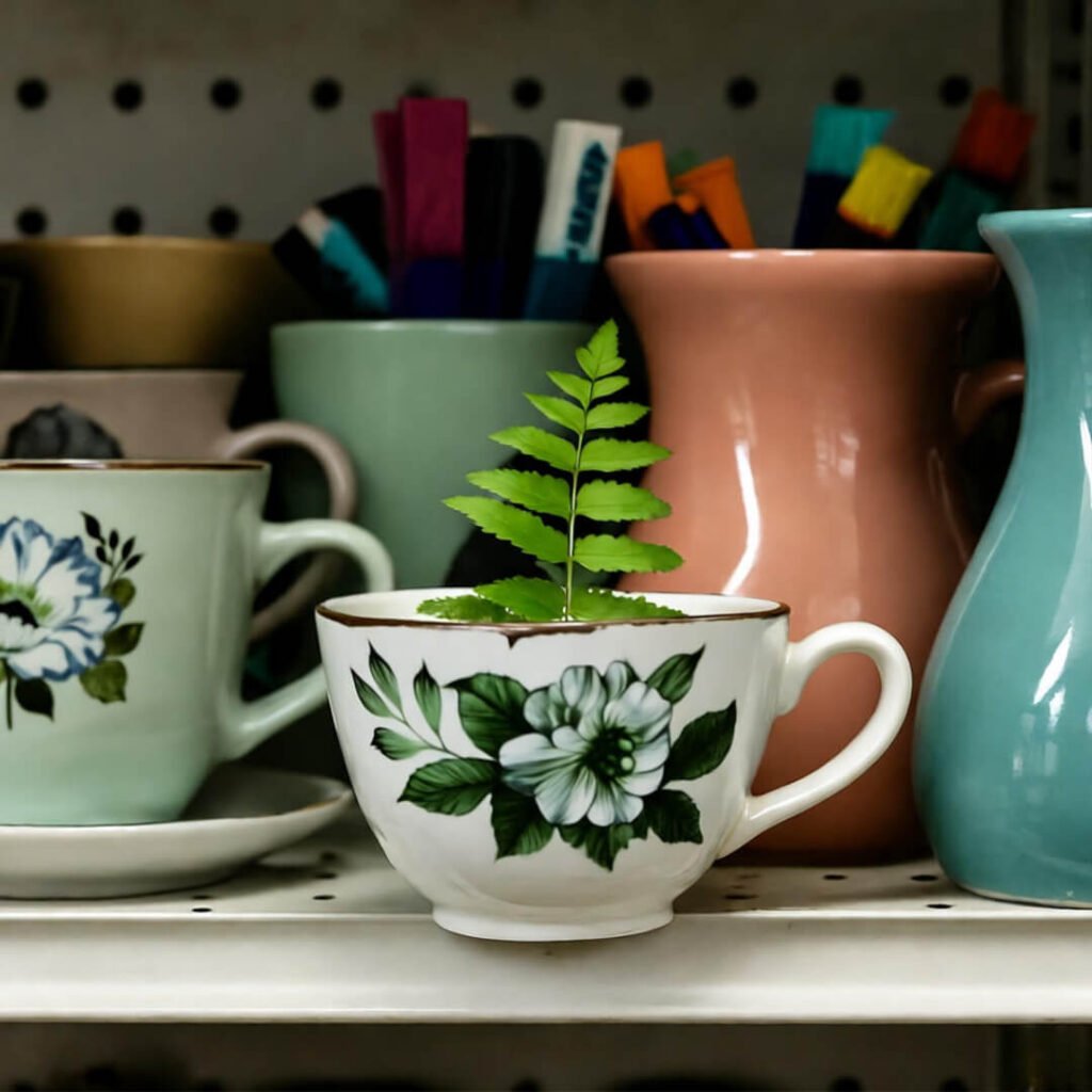 Chipped teacup with fern on chaotic Seattle thrift shelf, coral and teal hues.